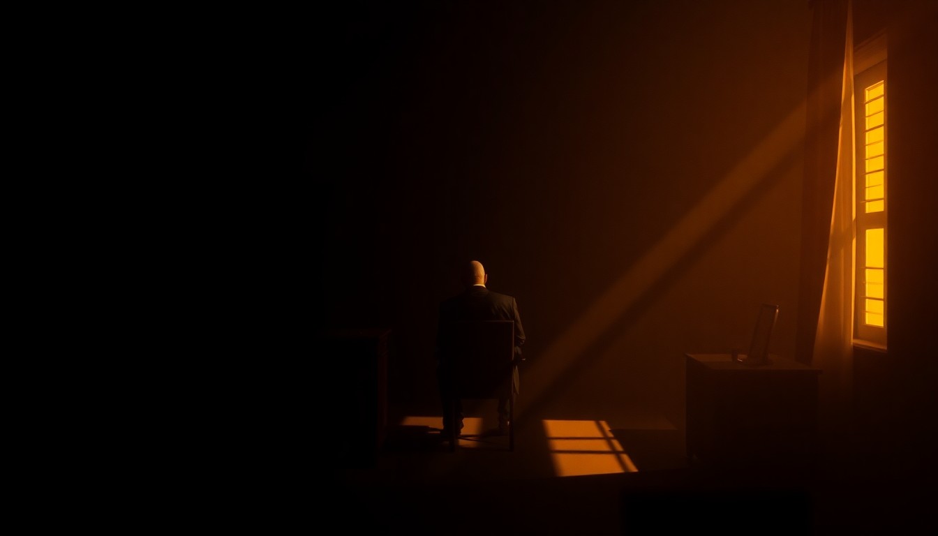 A cinematic painting depicting a solitary political figure sitting alone in a dimly lit office, the warm light and deep shadows creating a pensive, introspective mood that reflects the party's internal debate over its foreign policy stance.