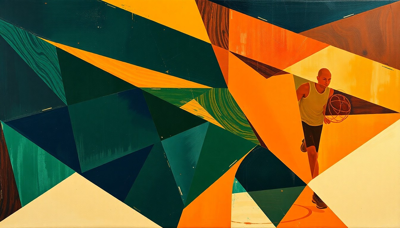 A cubist-style painting depicting a fragmented, geometric representation of a basketball game, with sharp, overlapping planes of deep navy, forest green, and burnt orange colors, conveying the disruption and uncertainty surrounding the team's sudden loss of a star player.