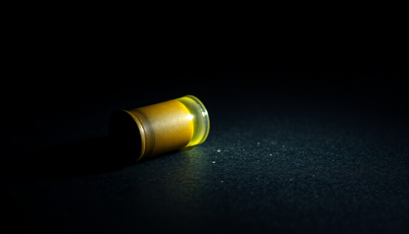 An extreme close-up photograph of a single spent shell casing on a dark, textured surface, lit by a harsh, direct camera flash, conceptually representing the aftermath of a shooting incident.