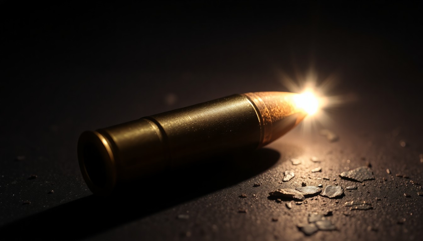 An extreme close-up photograph of a spent bullet casing on a dark, textured surface, lit by a harsh, direct camera flash, conceptually illustrating the physical aftermath of a shooting incident.