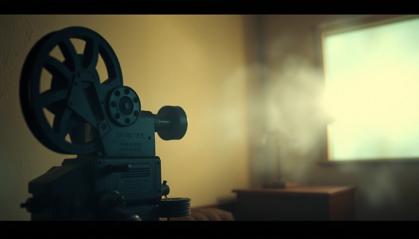 An abstract, out-of-focus scene of a film projector casting a warm, hazy glow onto a wall, representing the filmmaker's efforts to shed light on a forgotten era of history.