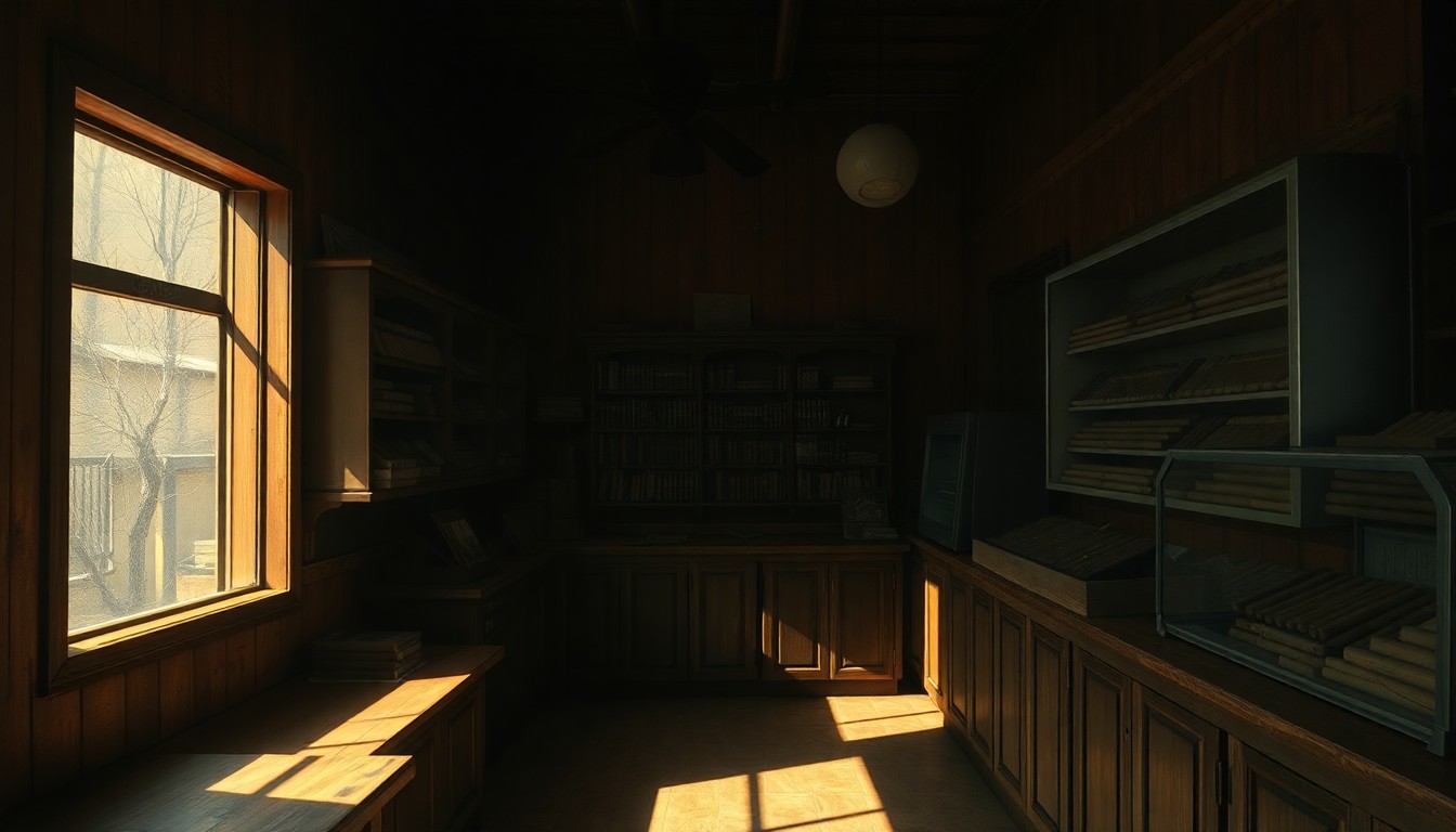 A dimly lit, nostalgic interior of a Cuban cigar shop, with warm diagonal sunlight casting deep shadows across the worn wooden shelves and countertops, evoking a melancholy yet hopeful mood.