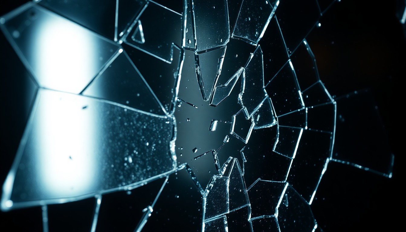 An extreme close-up of a shattered, reflective glass texture in high-contrast studio lighting, conveying a sense of emotional fragility and personal growth.