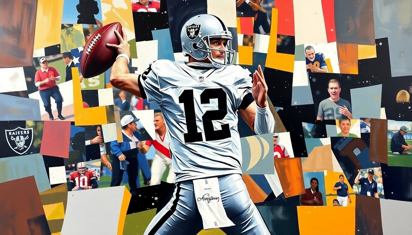 A fragmented, cubist-style painting depicting a quarterback dropping back to pass, with the player's body and the football broken down into sharp, overlapping geometric shapes in the Raiders' team colors of silver and black.