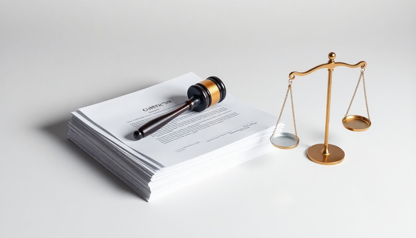 A photorealistic studio still life featuring a stack of legal documents, a gavel, and a scale of justice, conceptually representing the abstract themes of corporate accountability and legal compliance.