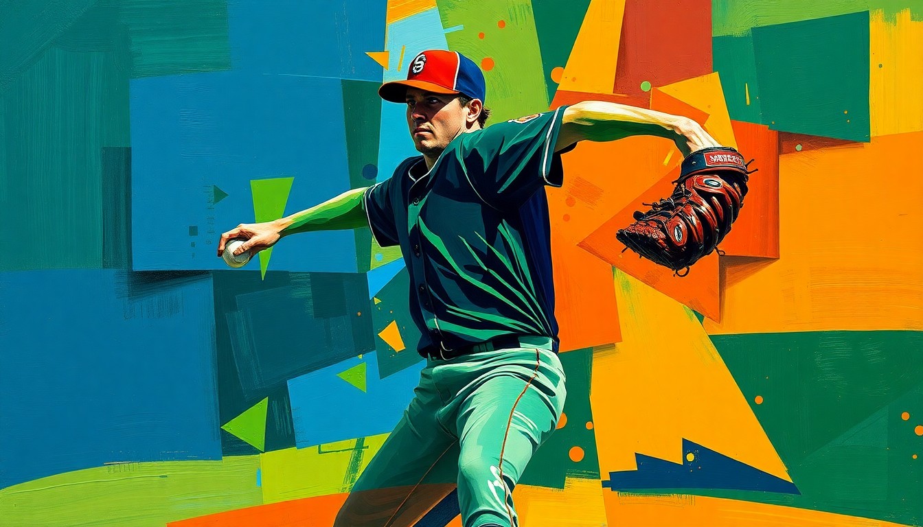 A fractured, geometric painting depicting a baseball pitcher's windup and delivery, with sharp planes of navy blue, forest green, and burnt orange colors.