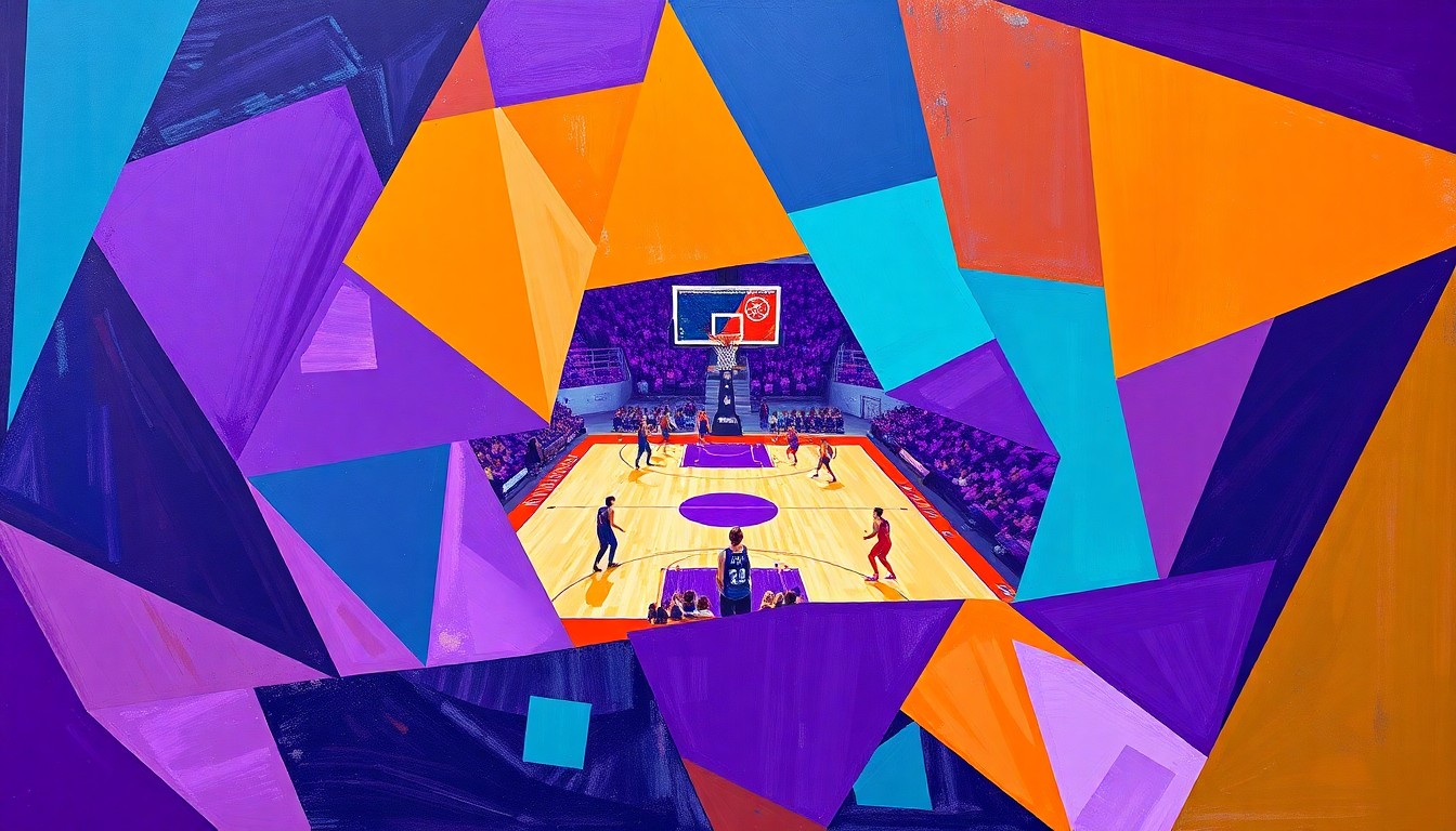 A cubist, geometric painting depicting a WNBA basketball game in motion, with the players and court broken down into sharp, overlapping planes of deep purple, teal, and bright orange, capturing the dynamic energy of the sport.