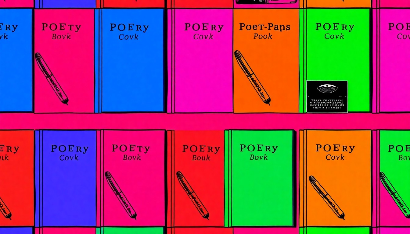 A brightly colored, high-contrast silkscreen print of a typewriter repeated in a tight grid pattern, conceptually representing the creative energy and accessibility of poetry in the community.