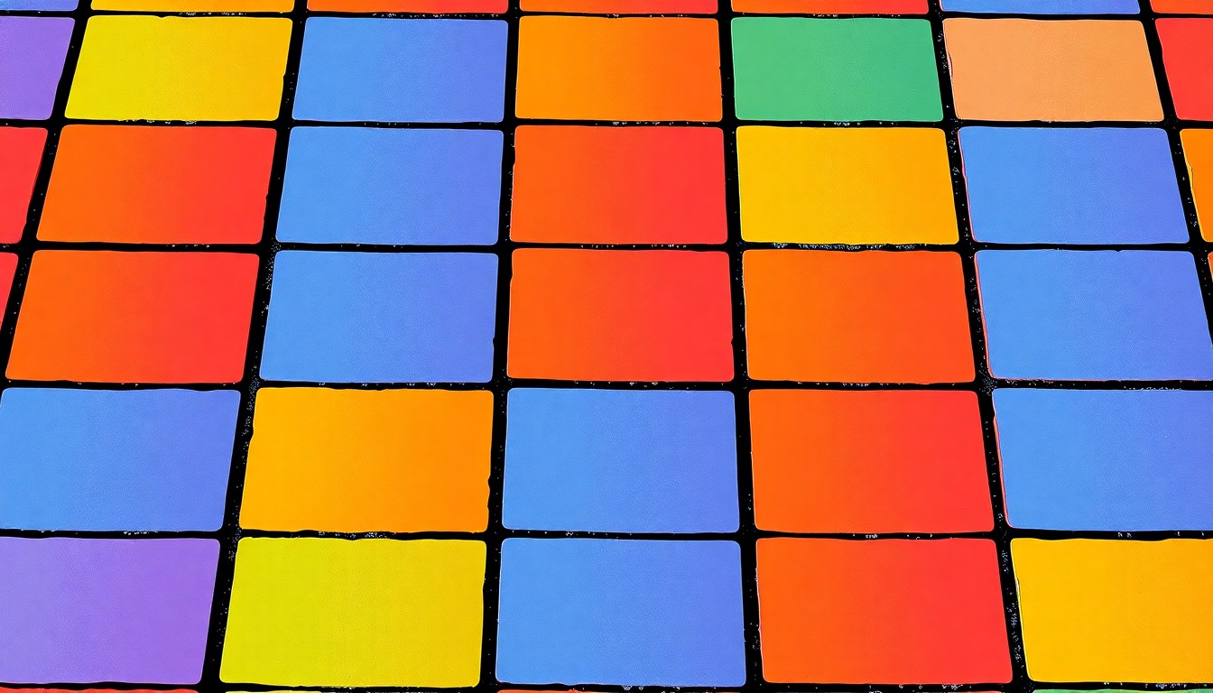 A vibrant, abstract grid of rainbow-colored bricks in a high-contrast, silkscreen pop art style, conceptually representing the repurposed materials from Miami Beach's former rainbow crosswalk.