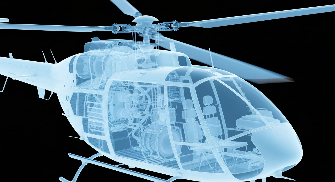 A ghostly, translucent X-ray image revealing the internal structure of a medical helicopter in flight, its rotors and frame glowing against a dark background, conceptually representing the vital role of air ambulances in emergency medical care.