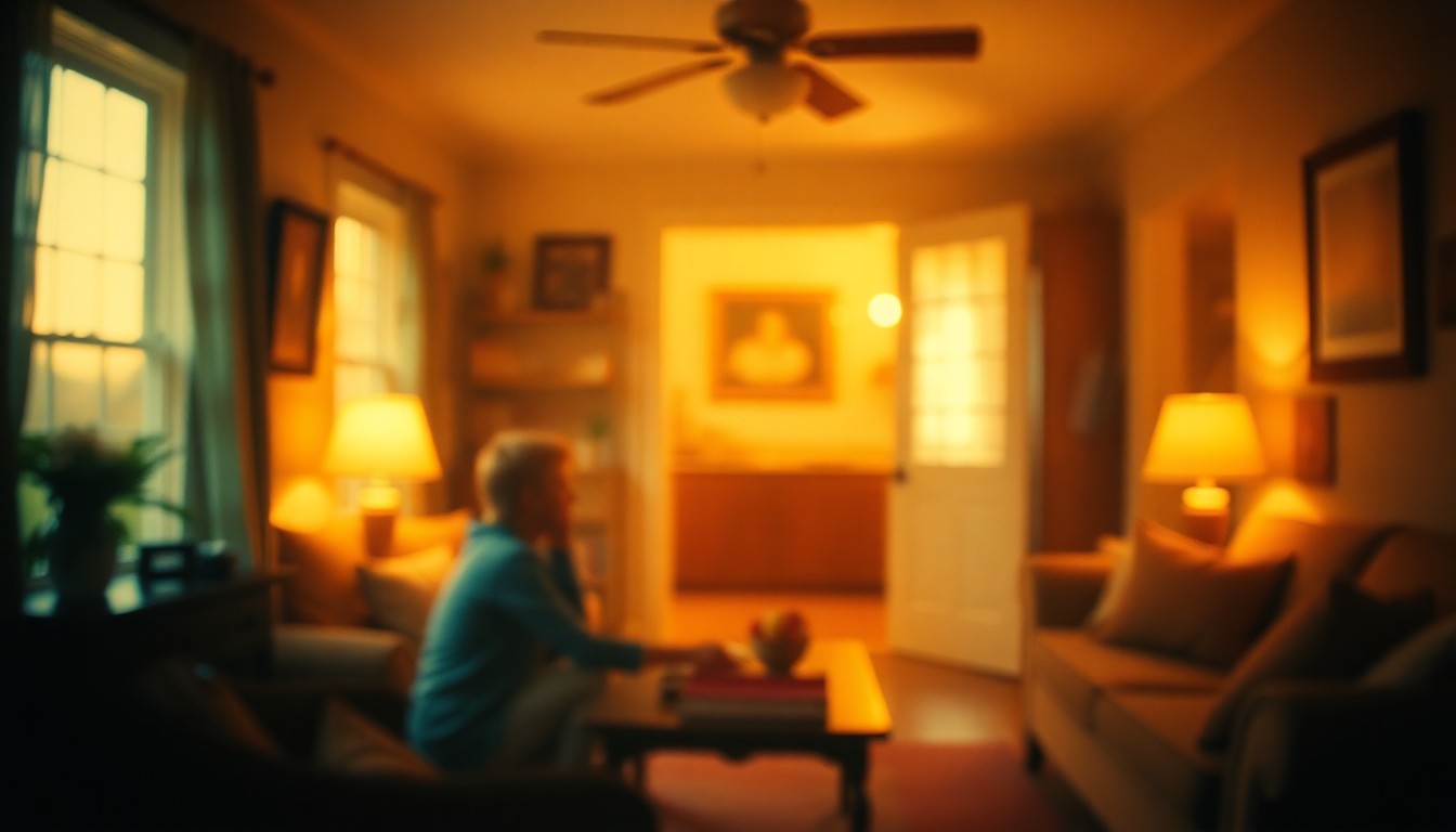 An extremely abstracted, out-of-focus photograph in warm tones, depicting a cozy domestic scene with soft pools of light and color, conceptually representing the loving home that Tammie Rodriquez created for her family.