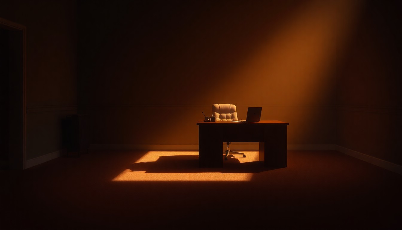 A moody, cinematic painting depicting an empty political office desk in a shadowy, sunlit room, conveying a sense of solemnity and uncertainty surrounding the allegations.