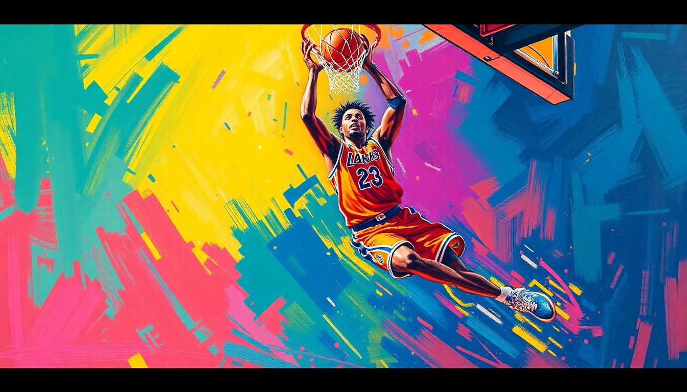 An abstract, expressionist painting in neon colors depicting the dynamic movement and energy of a basketball player driving to the hoop, capturing the raw athleticism of the sport.