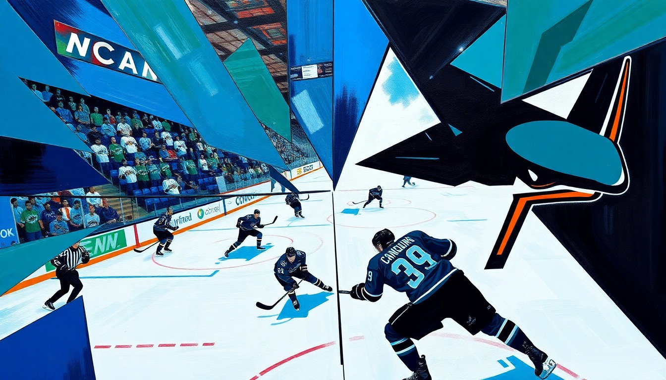 A fractured, geometric painting in the style of Pablo Picasso, depicting a hockey game between the Vancouver Canucks and San Jose Sharks. Vibrant colors and overlapping shapes create a dynamic, energetic composition.