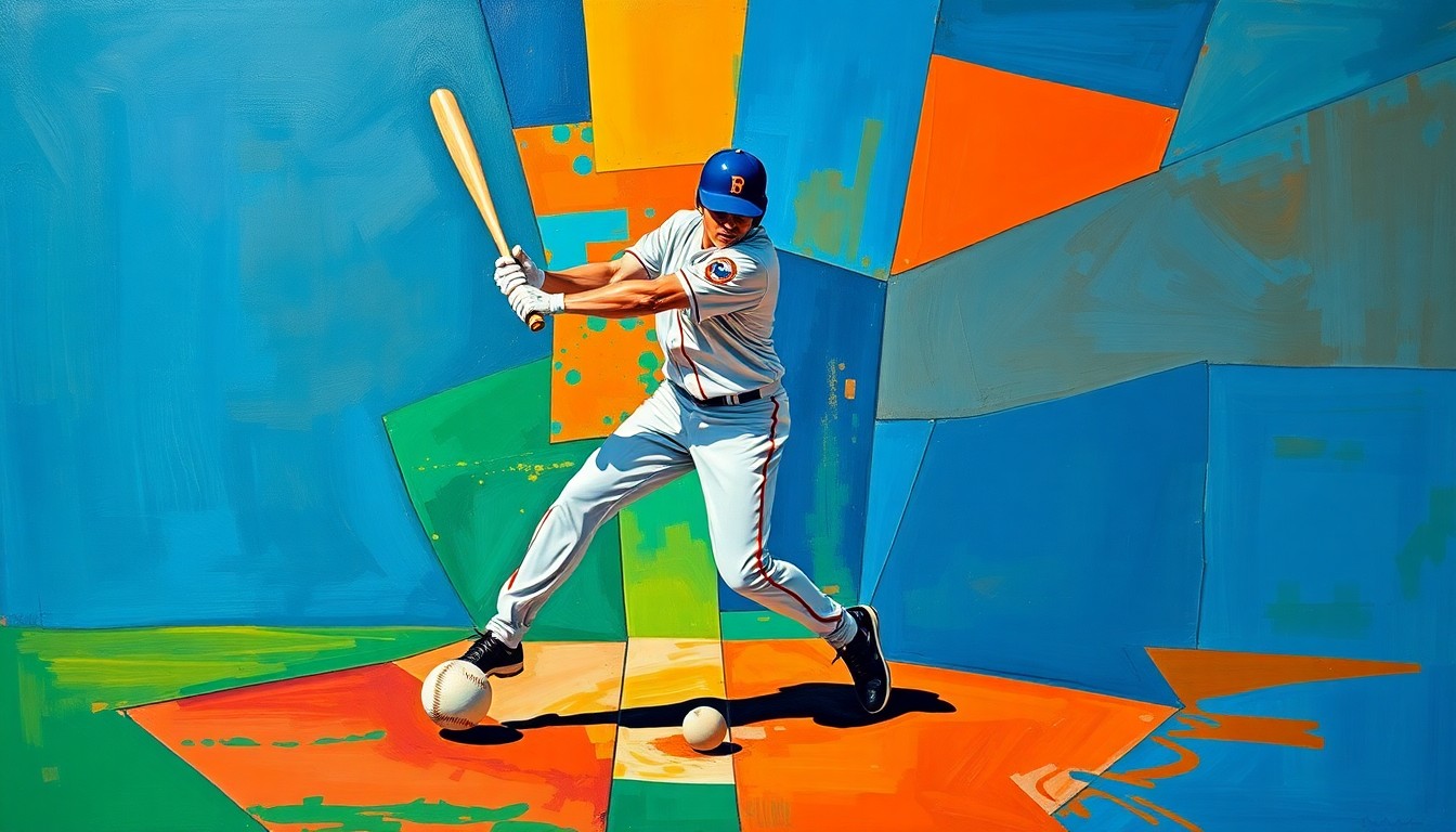 A cubist-style painting depicting a baseball player in motion, broken down into sharp, overlapping geometric shapes in a vibrant color palette, conveying the energy and dynamism of the sport.