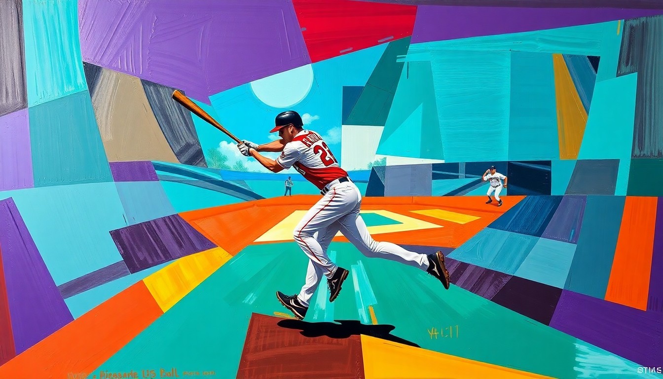A fractured, geometric painting depicting an outfielder's swing in motion, with sharp, overlapping planes of teal, purple, and copper colors representing the Arizona Diamondbacks' team palette.