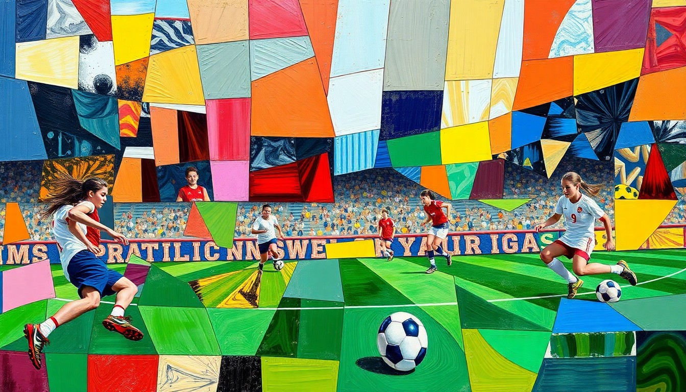 A fragmented, geometric painting in bold colors representing the dynamic movements and competitive energy of a high school girls soccer match.