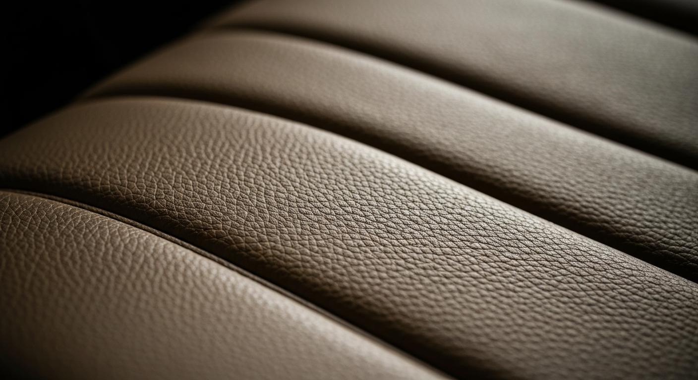 An extreme close-up of the textured, pebbled leather of a car seat, bathed in warm, golden light, conceptually illustrating the importance of seat belt anchor safety.