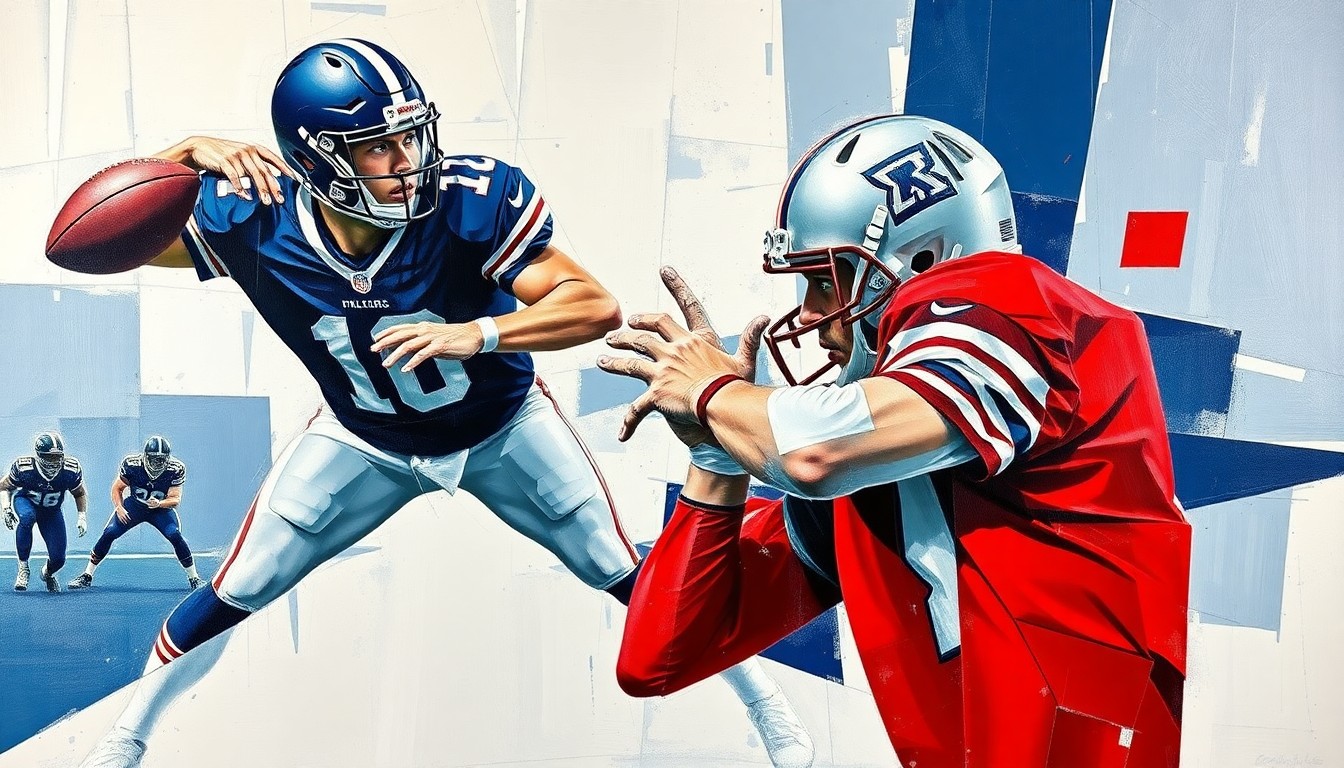 A cubist, geometric painting depicting a fragmented, multi-angled view of a quarterback dropping back to pass, with sharp planes of navy, silver, and crimson red creating an abstract, deconstructed visual representation of the action.