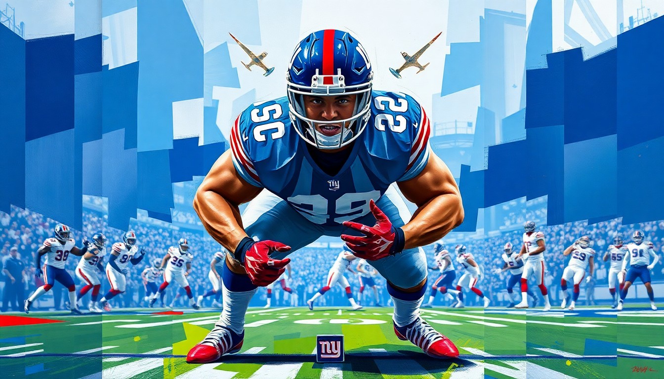 A fragmented, geometric painting depicting the powerful movements of a defensive lineman, with sharp planes of blue, red, and white representing the New York Giants' colors.