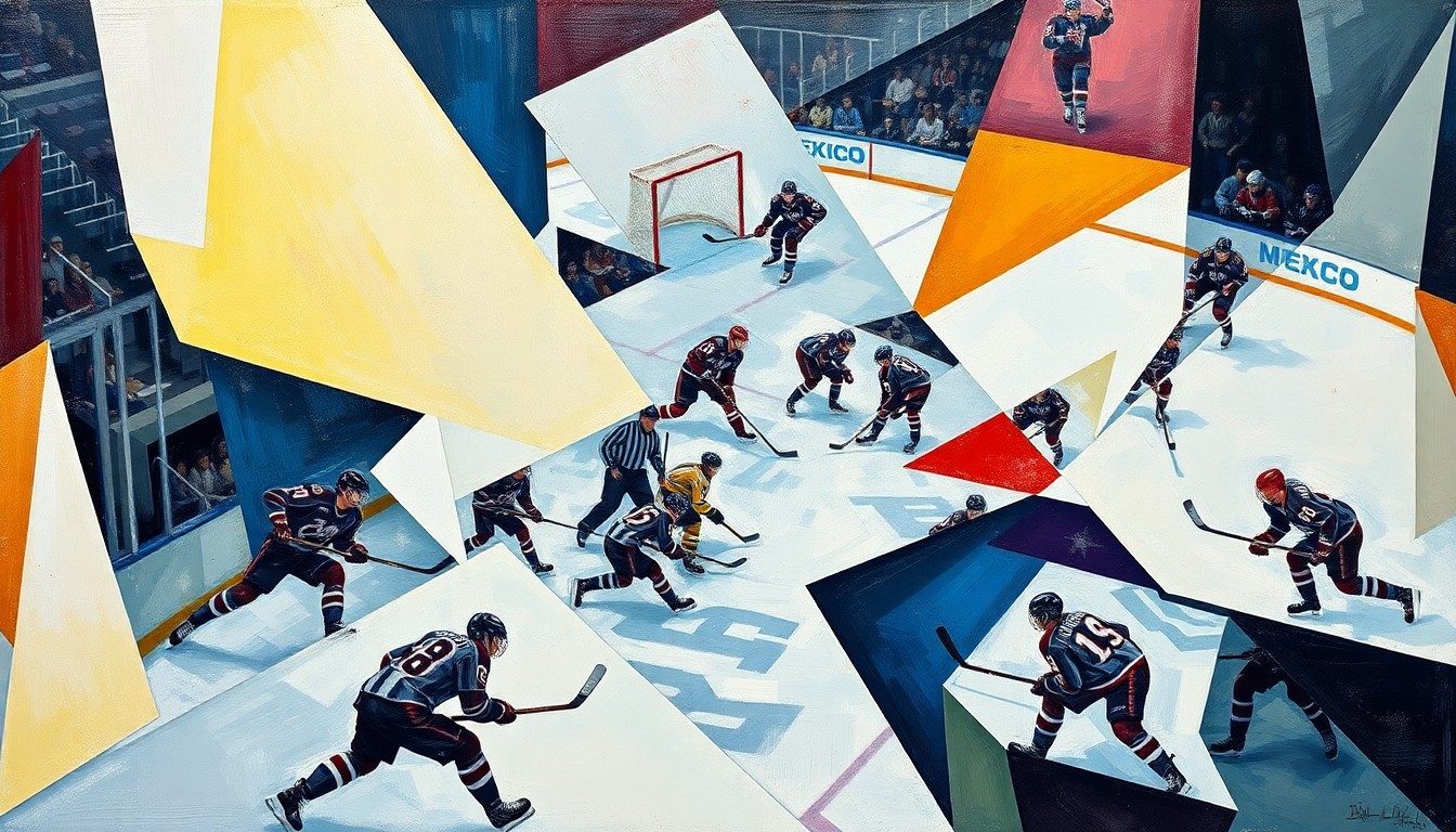 A fractured, multi-perspective painting in a cubist style, breaking down a college hockey game into sharp, overlapping geometric planes and abstract shapes, conveying the intensity and drama of the overtime thriller.