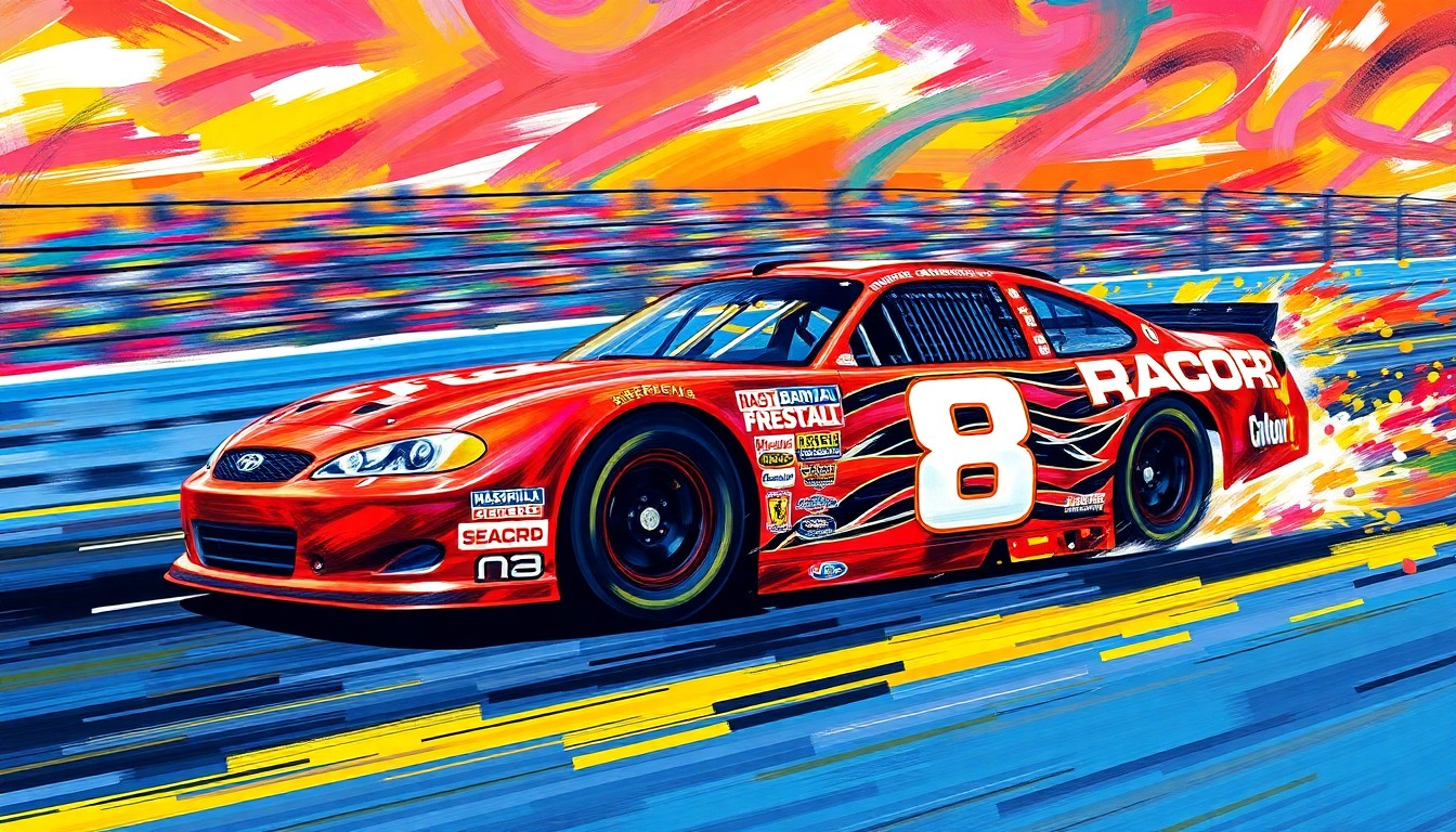 An abstract, expressionist painting featuring bold, neon-colored brushstrokes that capture the dynamic movement and energy of a stock car racing around a racetrack, conveying the excitement and anticipation surrounding Dale Earnhardt Jr.'s return to the CARS Tour.