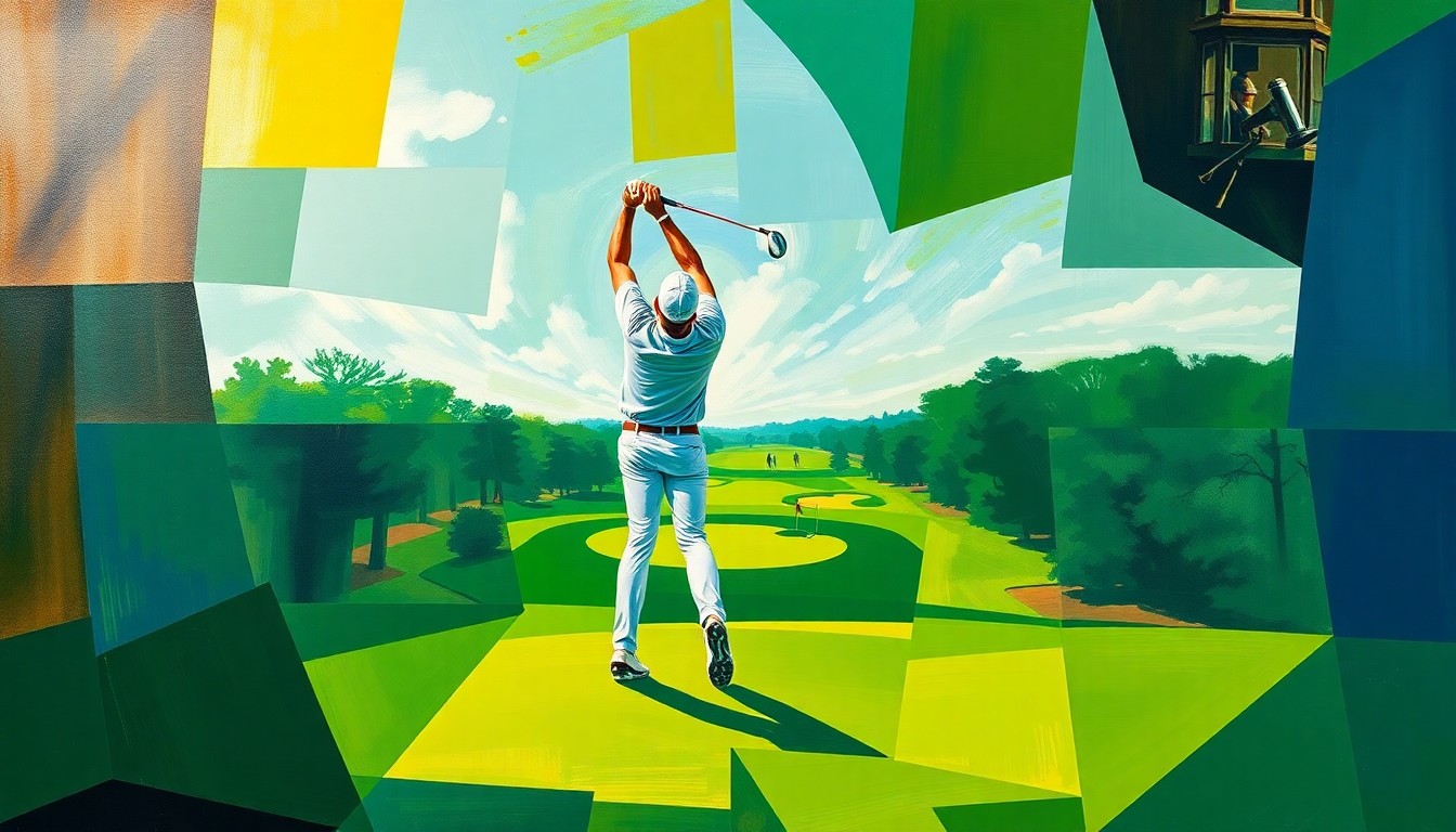 A cubist, geometric painting depicting a golfer's swing and the Augusta National Golf Club grounds in a palette of vibrant greens, blues, and yellows, capturing the dynamic motion and multiple viewpoints of the Masters Tournament.