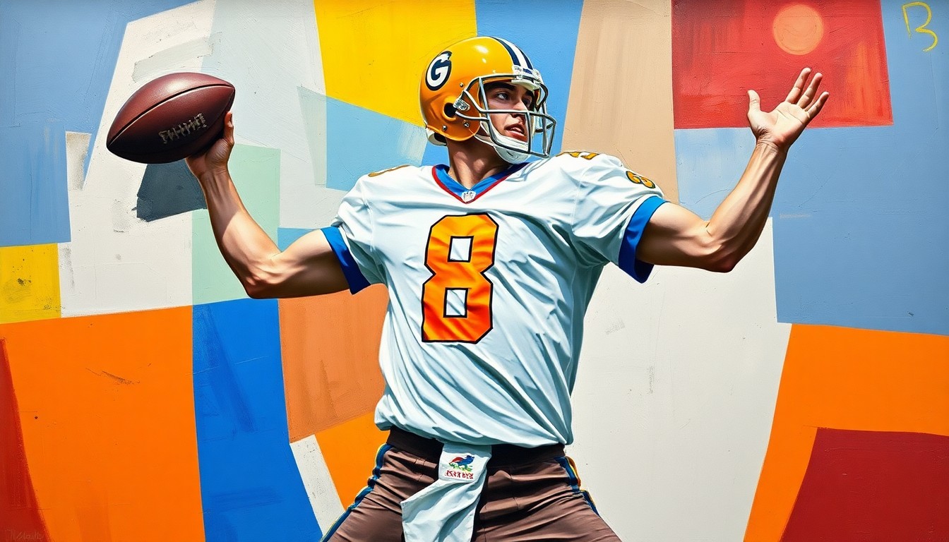 A fragmented, geometric painting depicting a football player in mid-throw, the number 8 prominently displayed on their jersey, representing the public scrutiny faced by Lamar Jackson over his religious beliefs.