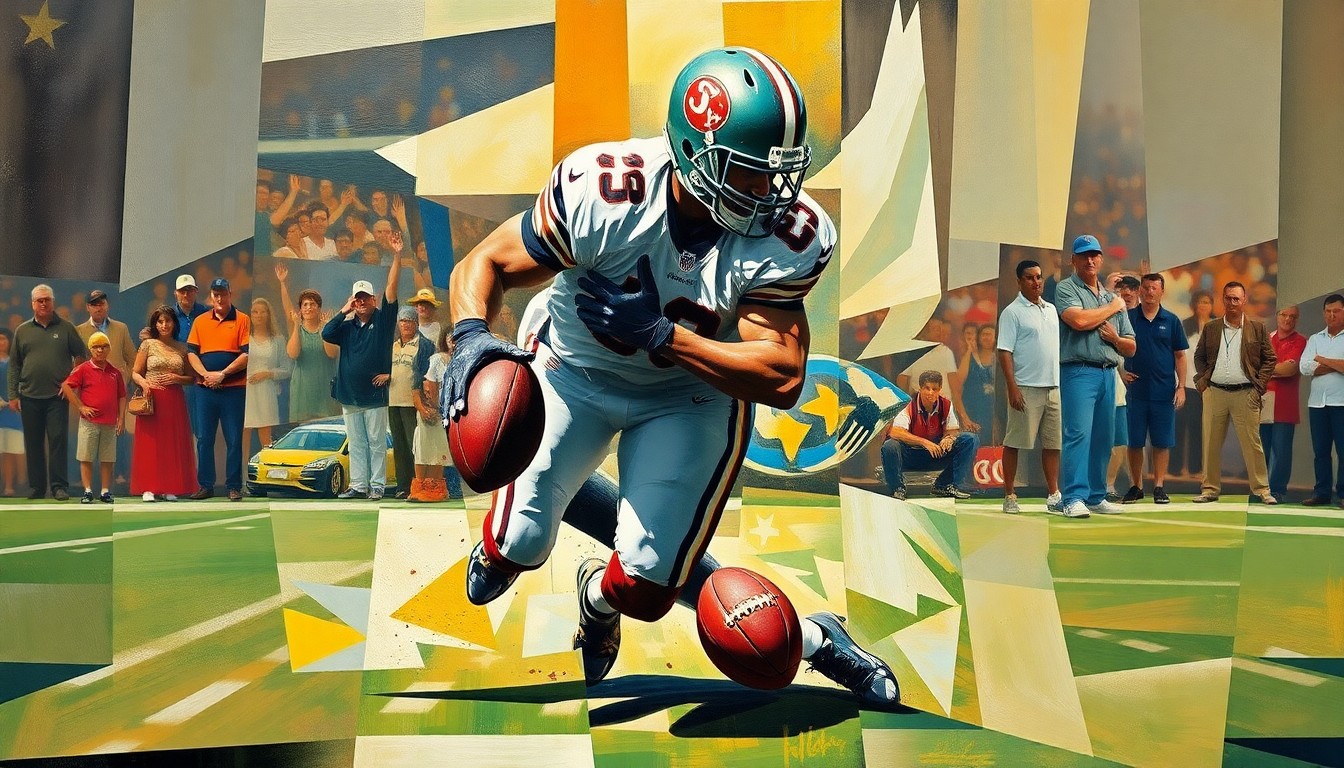 A cubist-style painting depicting a football player making a tackle, with the figure broken down into sharp, overlapping geometric shapes in a variety of colors, conceptually representing the Bears' need to rebuild their safety position.
