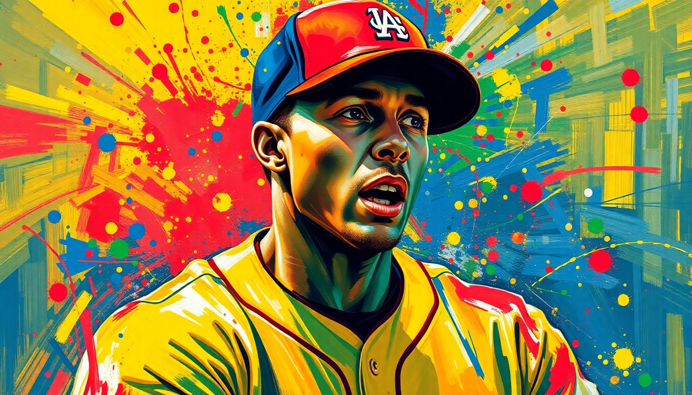 An abstract, expressionist painting in vibrant neon colors, capturing the emotional energy and athletic movement of a baseball player, with the player's face and uniform details blurred into unrecognizable brushstrokes.