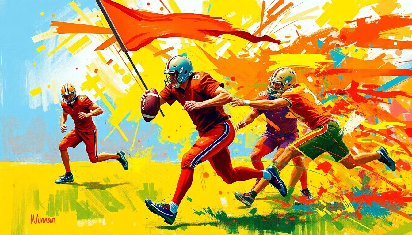 An abstract, expressionist painting in vibrant neon colors, capturing the dynamic movement and energy of a flag football game. The players' forms are dissolved into rapid brushstrokes, conveying the raw athleticism and competitive spirit of the sport.