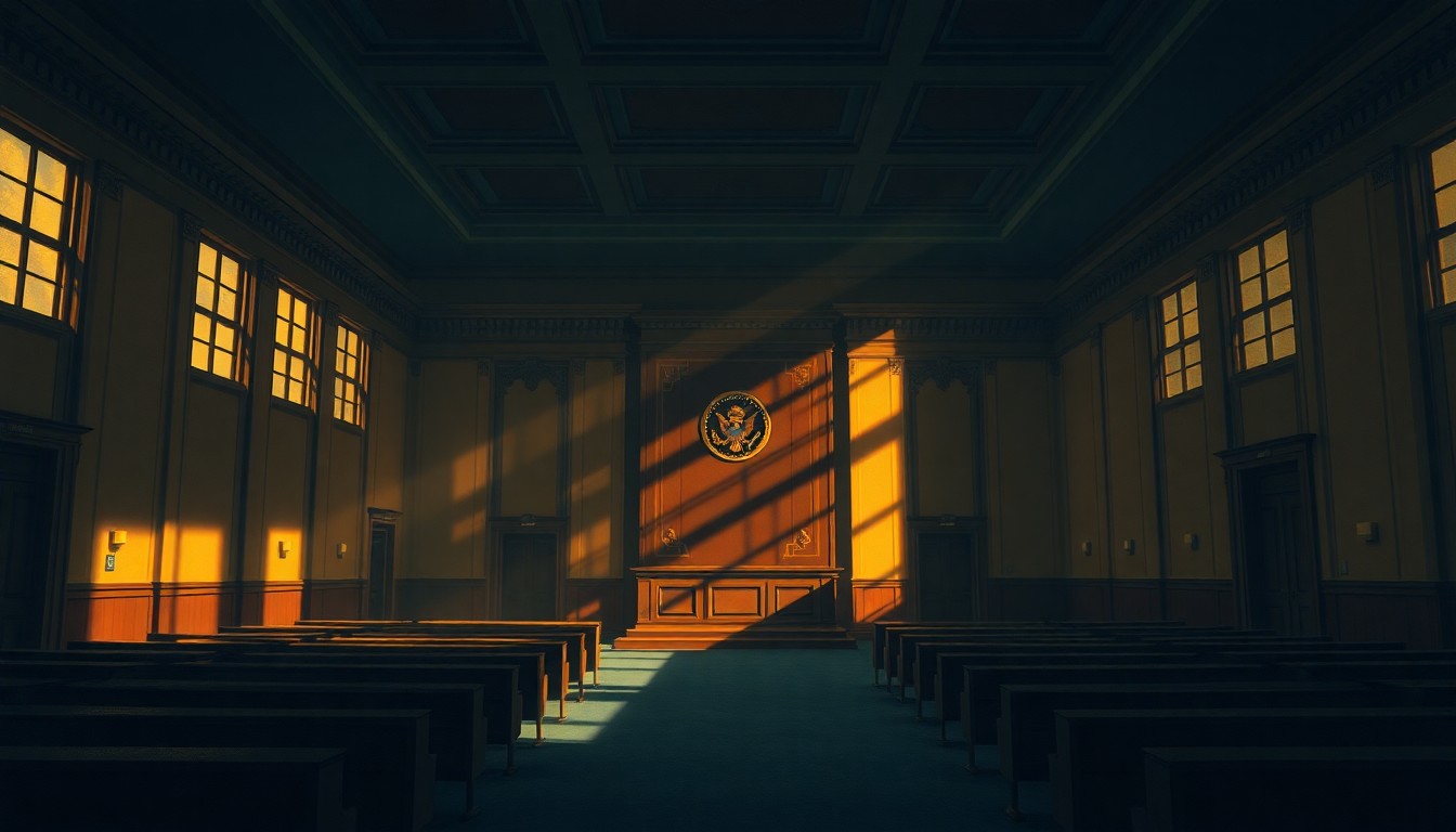 A dimly lit, cinematic painting of an empty city council chamber, with warm sunlight streaming through the windows and deep shadows across the empty seats, conveying a sense of anticipation and civic duty.