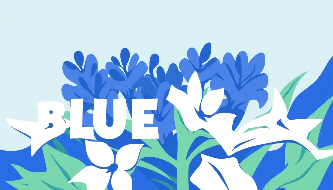 An abstract, geometric illustration in shades of blue, green, and white, representing the iconic bluebonnet flower and the energy of a lively music festival.