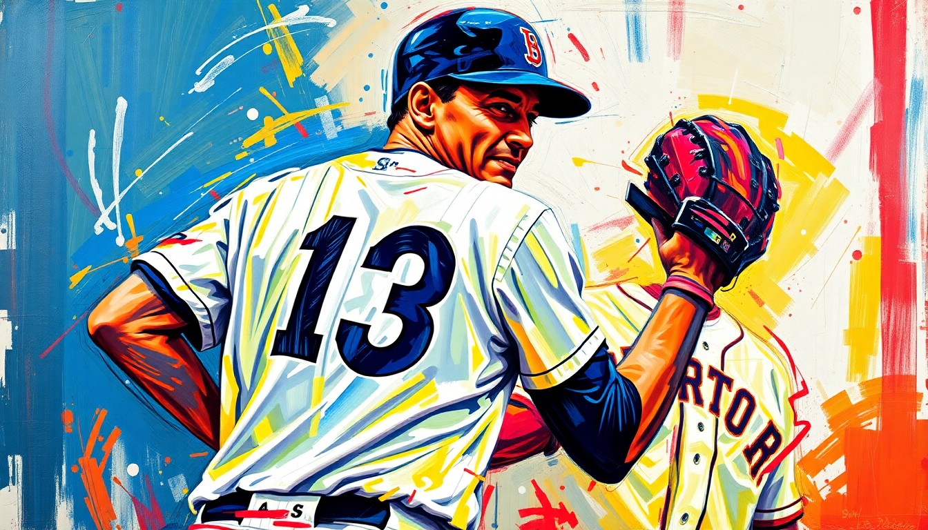 An abstract, expressionist painting featuring vibrant brushstrokes of neon colors, capturing the dynamic energy and passion of Ozzie Guillén's baseball career with the Chicago White Sox. The number 13 is prominently displayed, representing his impact as both a player and manager.