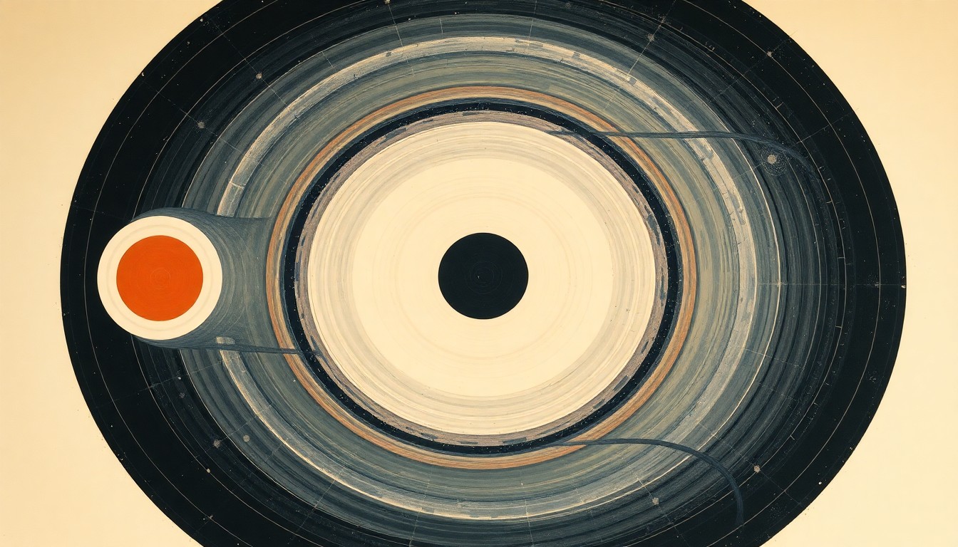 A highly structured abstract painting in soft, flat colors depicting sweeping geometric arcs, concentric planetary circles, and precise spirals, conceptually representing the chaotic energy and structural order of a catastrophic interstellar planetary collision.