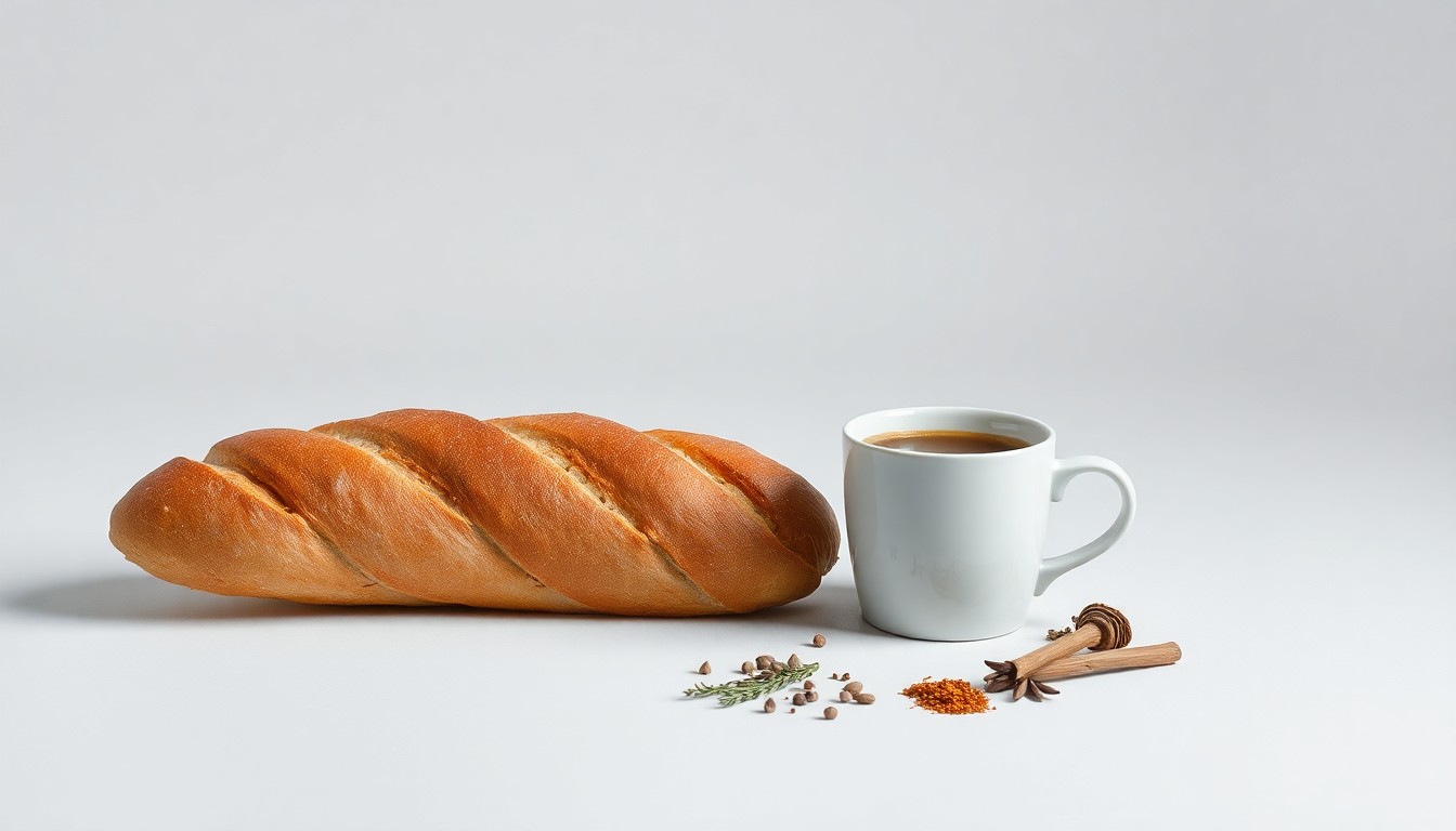 A high-end studio still life photograph featuring a freshly baked Vietnamese baguette, a cup of specialty coffee, and a few simple, premium ingredients arranged elegantly on a clean, monochromatic background, conceptually representing the quality and authenticity of Boban's offerings.