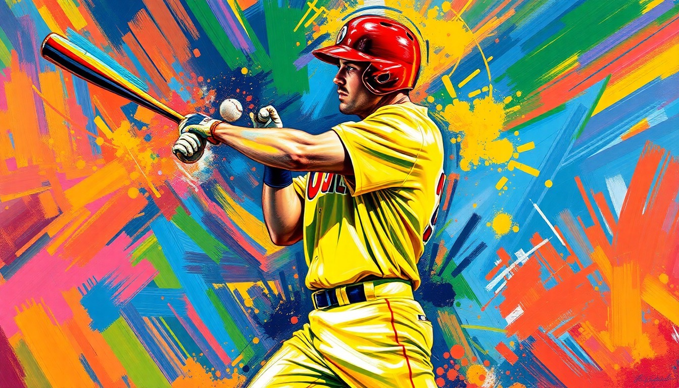 An abstract, energetic painting in neon colors depicting the dynamic batting motion of a baseball player, conceptually representing the progress and potential of Pittsburgh Pirates catcher Henry Davis.