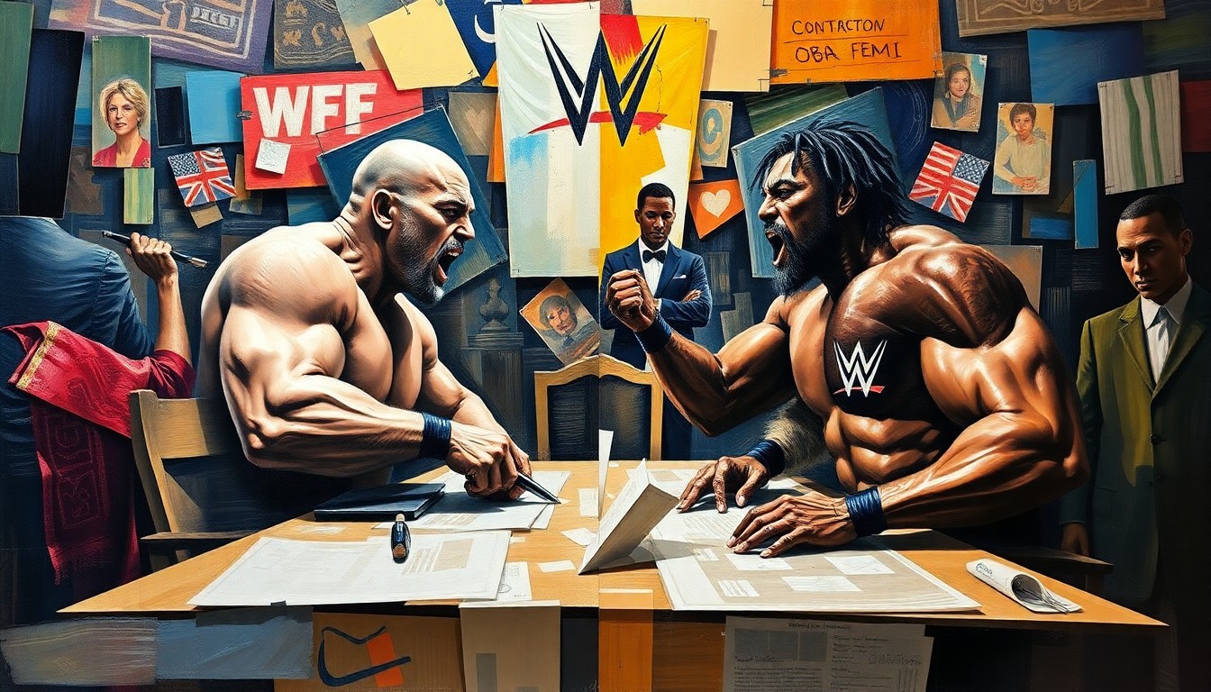 A fractured, cubist-style painting depicting the violent contract signing between Brock Lesnar and Oba Femi, with the wrestlers and furniture broken down into sharp, overlapping geometric shapes, conveying the intensity and chaos of the moment.