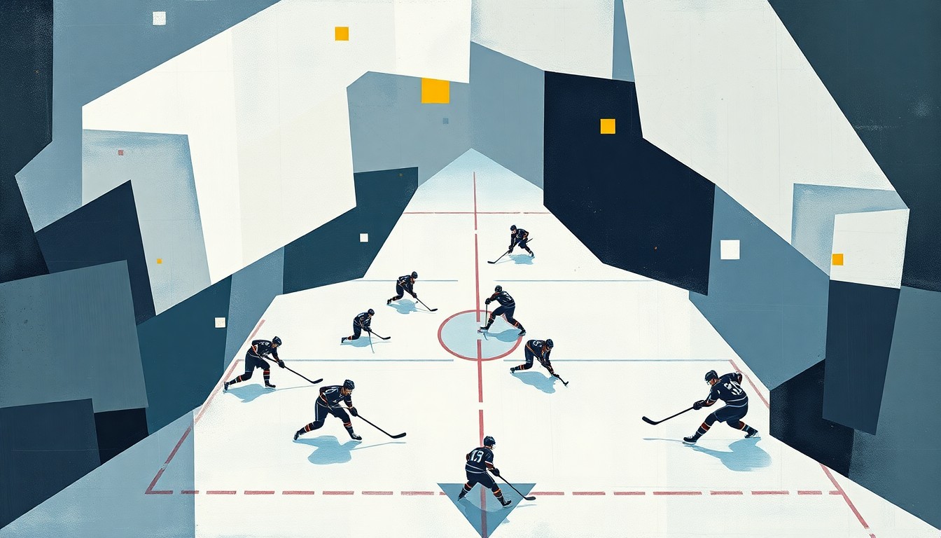 A fragmented, geometric painting depicting the chaotic final moments of a hockey game, with players' bodies and equipment broken down into sharp, overlapping shapes and planes of muted blues, grays, and whites.