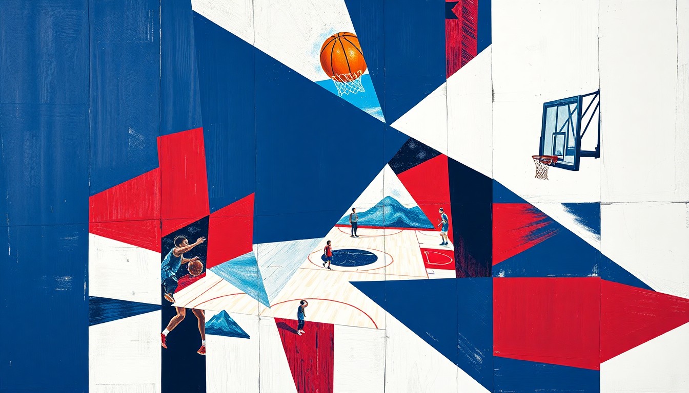 A cubist-style painting depicting a college basketball game broken down into sharp, overlapping geometric shapes and planes in navy, crimson, and white, conveying the fragmented and uncertain nature of Penn State's roster changes.