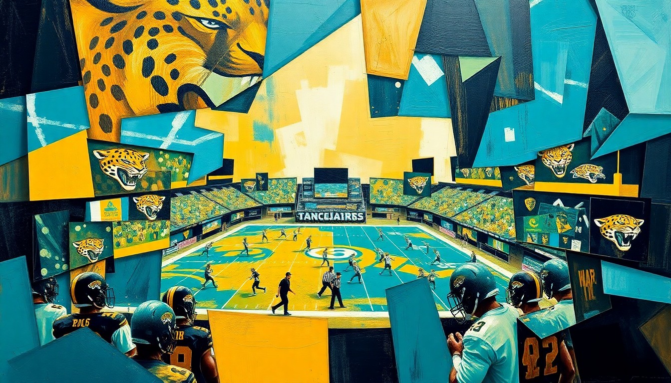 A fractured, cubist-style painting depicting a Jaguars football game or practice, with sharp geometric shapes and planes in the team's teal, gold, and black colors, conveying a sense of energy and determination.