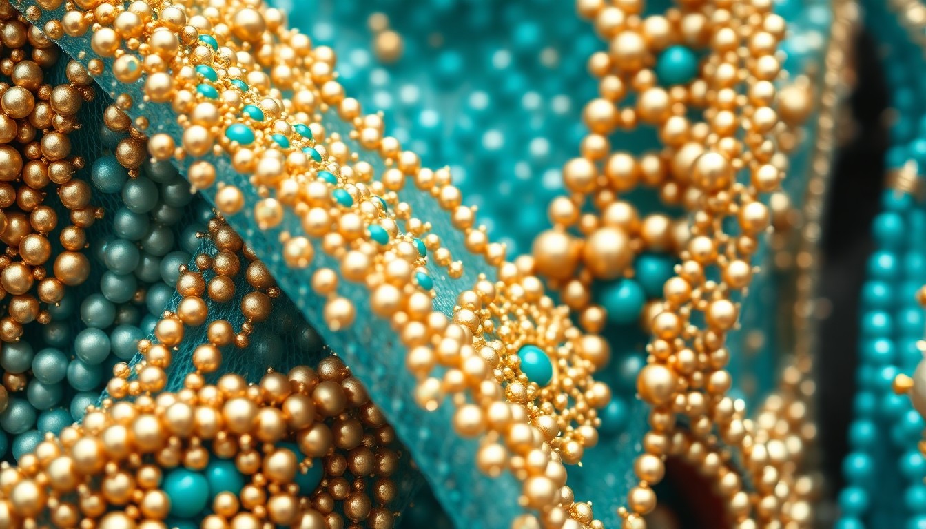 An extreme close-up photograph of intricate, beaded fabric textures in shimmering gold, turquoise, and blue hues, conceptually representing the luxurious, high-fashion aesthetic of BINI's Coachella performance.