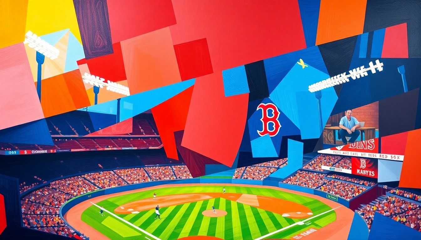 A cubist-style painting depicting a baseball game in abstract geometric shapes and vibrant colors, capturing the energy and intensity of the matchup between the St. Louis Cardinals and Boston Red Sox.