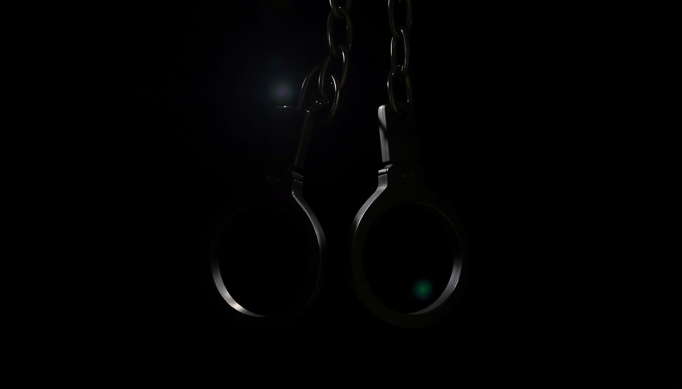 An extreme close-up photograph of a set of handcuffs against a pitch-black background, lit by a harsh, direct camera flash, conceptually representing the legal system and the high cost of wrongful convictions in Chicago.