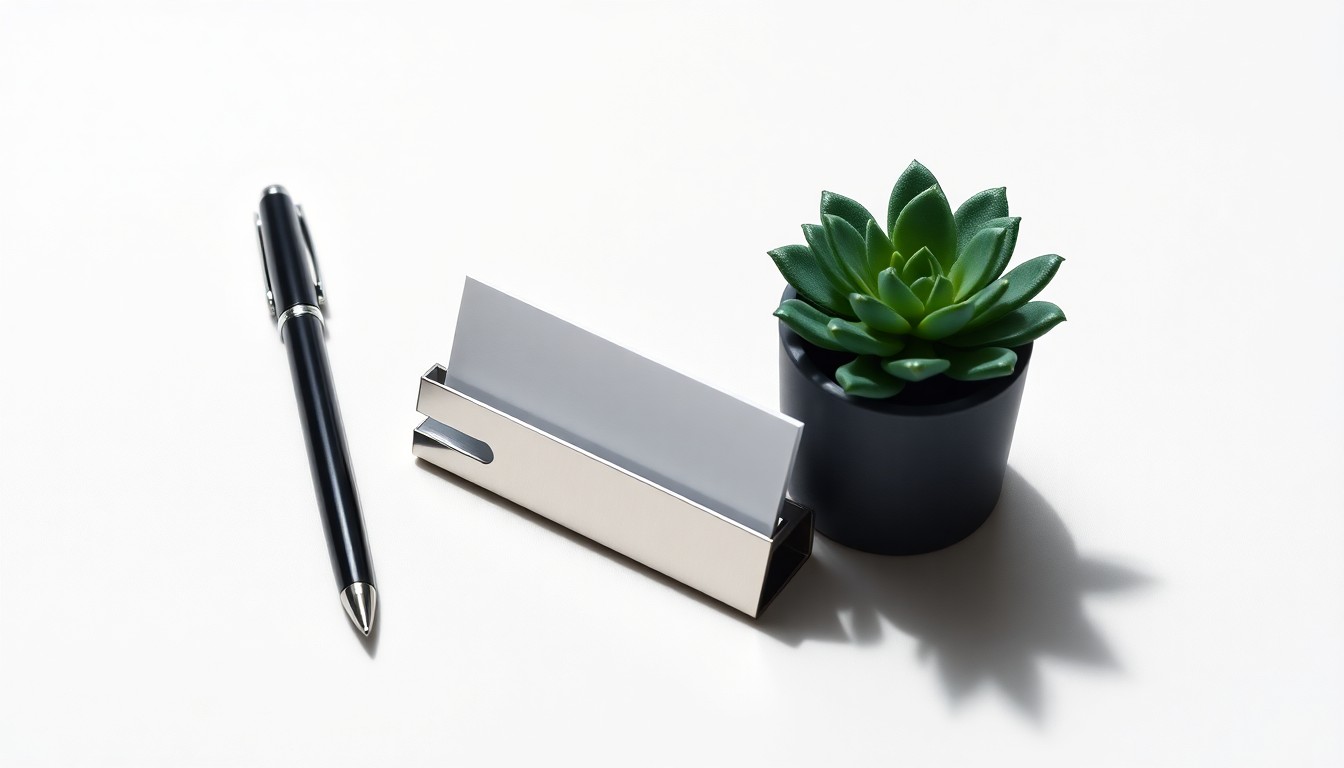 A minimalist studio still life featuring a metal business card holder, a fountain pen, and a small potted plant, conceptually representing the professional networking and fresh ideas of a young professionals group.