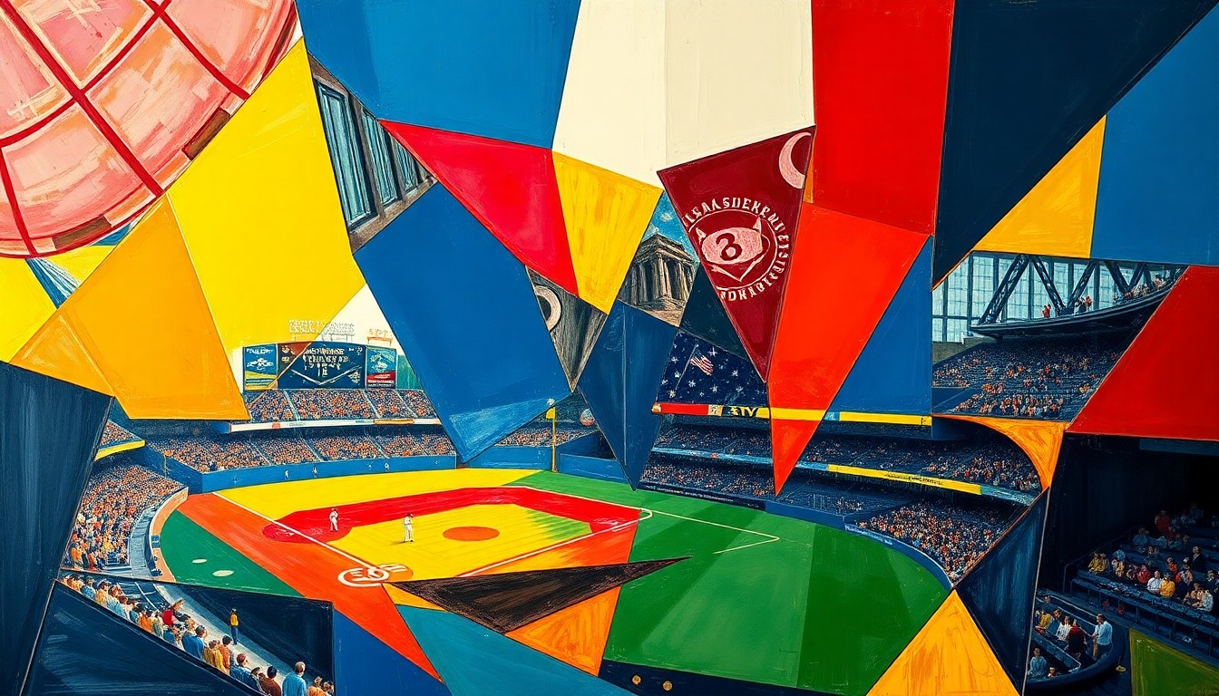 A cubist-style painting depicting a baseball game broken down into sharp, overlapping geometric shapes in navy, crimson, and gold, conveying the fragmented and complex nature of modern sports viewership.