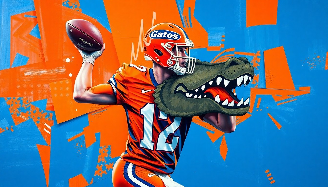 A cubist, geometric painting depicting a Florida Gators quarterback in the midst of throwing a pass, with the action broken down into sharp, overlapping planes of vivid orange and blue hues.
