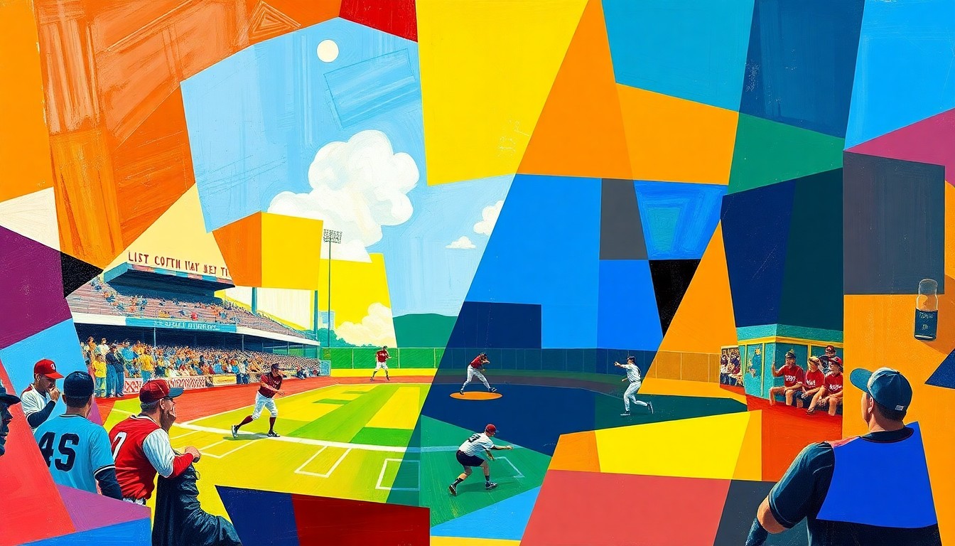 A fragmented, geometric painting in vibrant blues, reds, and greens, depicting the dynamic action of a softball game from multiple angles.