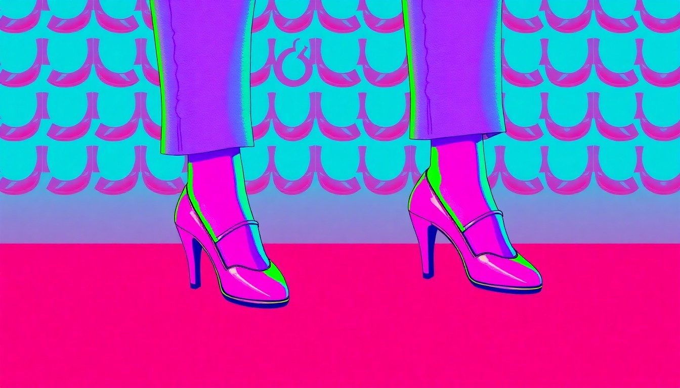 A bold, colorful silkscreen illustration featuring a repeating pattern of stylized dancing shoes in bright neon shades, conceptually representing the joyful, social nature of the contra dance event.