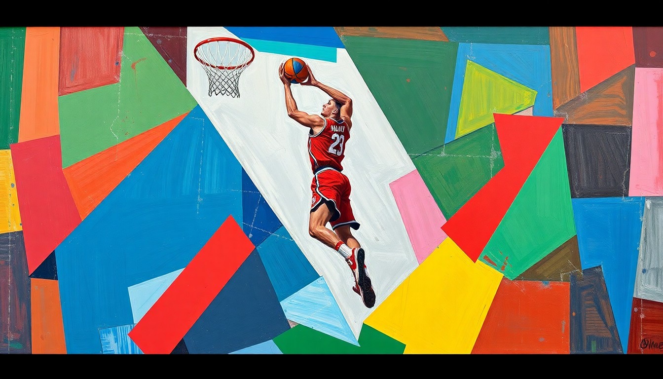 A cubist, geometric painting depicting a basketball player mid-dunk, with the action broken down into sharp, overlapping planes of color.